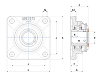 Four Bolt Square Flanged Unit, Stainless Steel Housing, Set Screw, Open Cover, SUCF Type - Dimensions