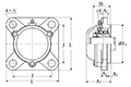 Four Bolt Square Flanged Unit, Cast Housing, Adapter, Cast Dust Cover, Closed End, UKFS Type - Dimensions