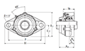 Two Bolt Rhombus Flanged Unit, Cast Housing, Adapter, Cast Dust Cover, Open End, UKFL Type - Dimensions