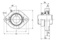 Two Bolt Rhombus Flanged Unit, Cast Housing, Eccentric Locking Collar, JELFD Type - Dimensions