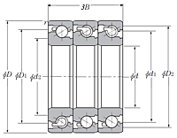 Triple-Row Angular Contact Thrust Ball Bearing for Ball Screws - DTT Arrangement, Open Type, Three Rows Bear Axial Load - Dimensions