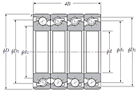 Quadruple-Row Angular Contact Thrust Ball Bearing for Ball Screws - DBTT Arrangement, Open Type, Three Rows Bear Axial Load - Dimensions