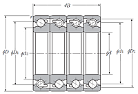 Quadruple-Row Angular Contact Thrust Ball Bearing for Ball Screws - DFTT Arrangement, Open Type, Three Rows Bear Axial Load - Dimensions
