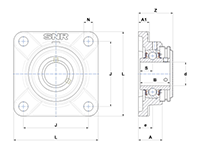 Four Bolt Square Flanged Unit, Stainless Steel Housing, Set Screw, Closed Cover, SUCF Type - Dimensions