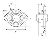 Two Bolt Rhombus Flanged Unit, Cast Housing, Set Screw, ASFB Type - Dimensions