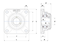 Four Bolt Square Flanged Unit, Stainless Steel Housing, Set Screw, Closed Cover, SUCF Type - Dimensions
