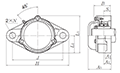Two Bolt Rhombus Flanged Unit, Cast Housing, Set Screw, Cast Dust Cover, Closed End, UCFL Type - Dimensions